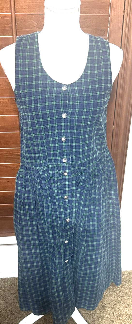 Bryn Connelly Corduroy Jumper Dress Sz 4P Tartan Plaid Navy green Midi VTG 80s